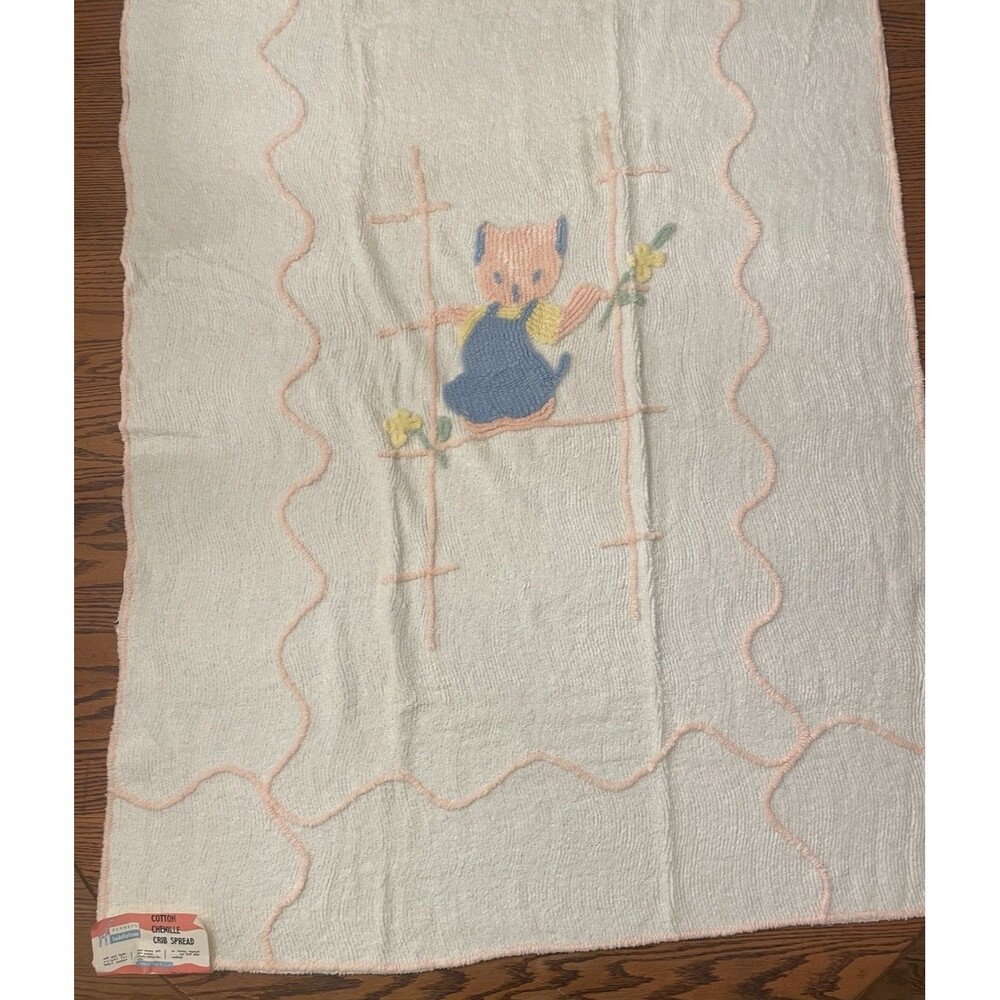 Vtg Chenille Baby Blanket Pink Kitty Blue Bibs 42” X 65” New Crib Spread - Picture 3 of 10